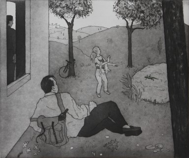 Chloe and the Lizard, from Horace, Ode 1.23 (Etching, Aquatint, Spitbite, Drypoint, and Crayon on Paper, 300mm x 357mm, 2016)